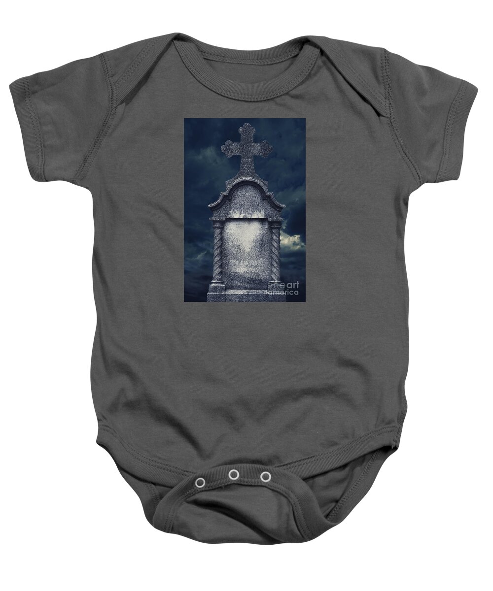 Tombstone Baby Onesie featuring the pyrography Tombstone by Jelena Jovanovic