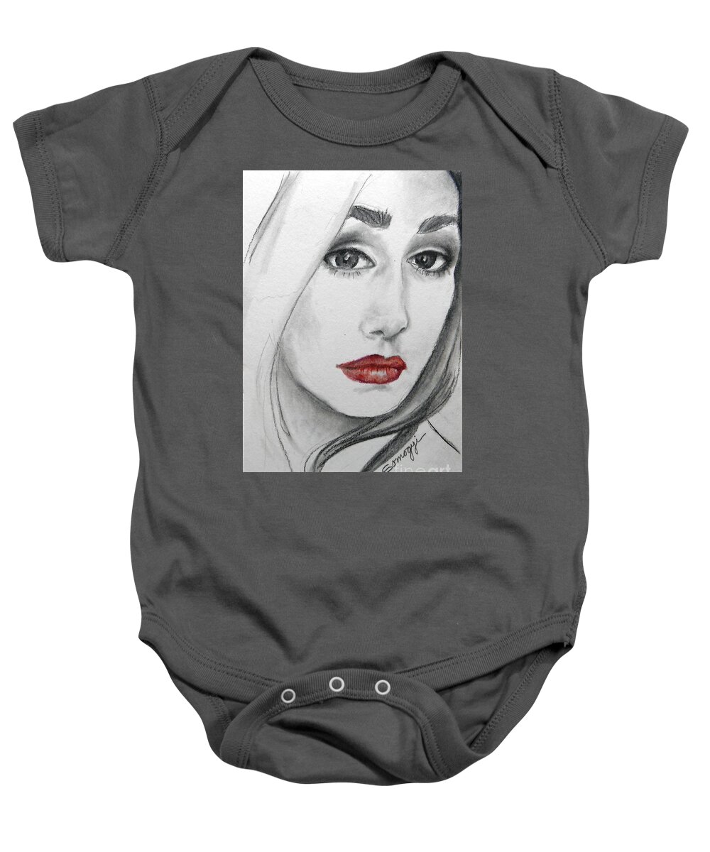 Red Lips Baby Onesie featuring the drawing Tori, at 19 -- female portrait by Jayne Somogy