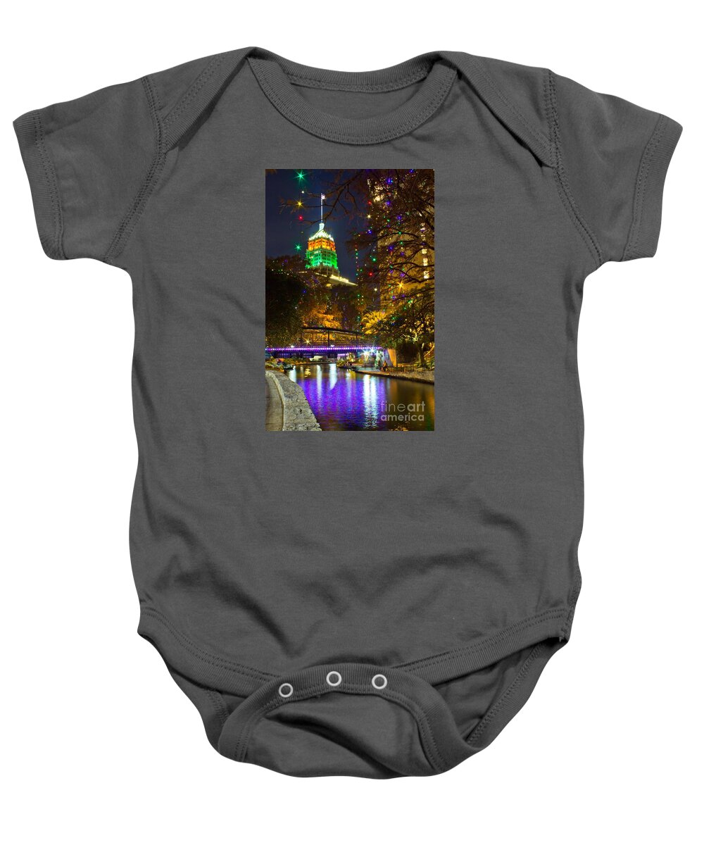 Michael Tidwell Photography Baby Onesie featuring the photograph Tower Life Riverwalk Christmas by Michael Tidwell