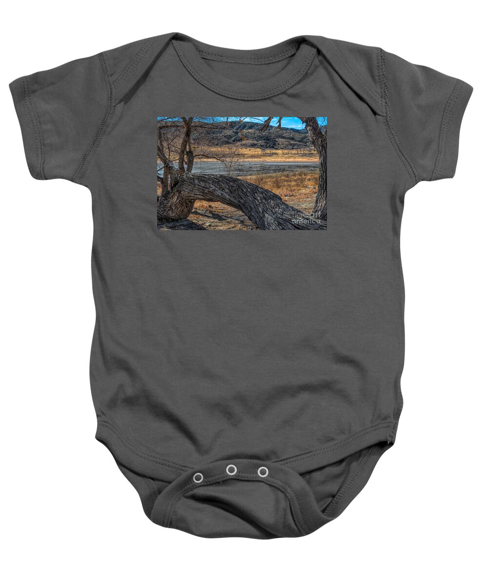 Elizabeth Lake; Sierra Pelona Mountains; Leona Valley; Yellow; Blue; Brown; Sky; Mountain; Trees; Picnic Tables; Abandoned Park Baby Onesie featuring the photograph Tree at Elizabeth Lake by Joe Lach