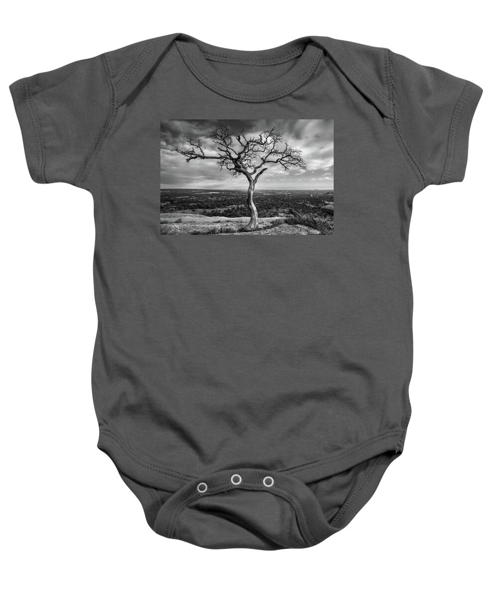 Tree Baby Onesie featuring the photograph Tree On Enchanted Rock in Black And White by Todd Aaron