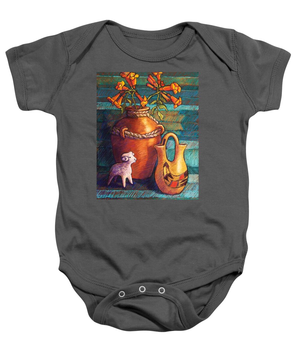 Still Life Baby Onesie featuring the pastel Trumpet Vines and Pottery by Candy Mayer
