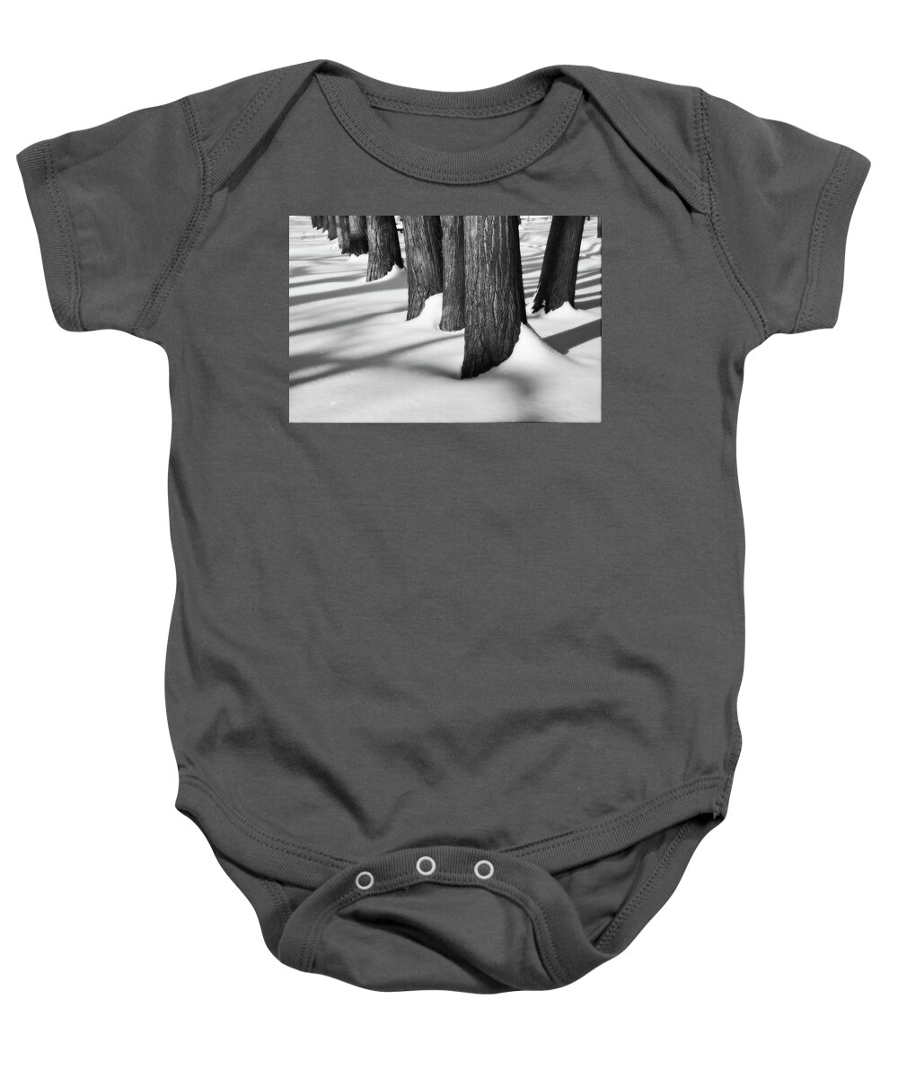 Black And White Photography Baby Onesie featuring the photograph Trunks Frosting and Shadows by Allan Van Gasbeck
