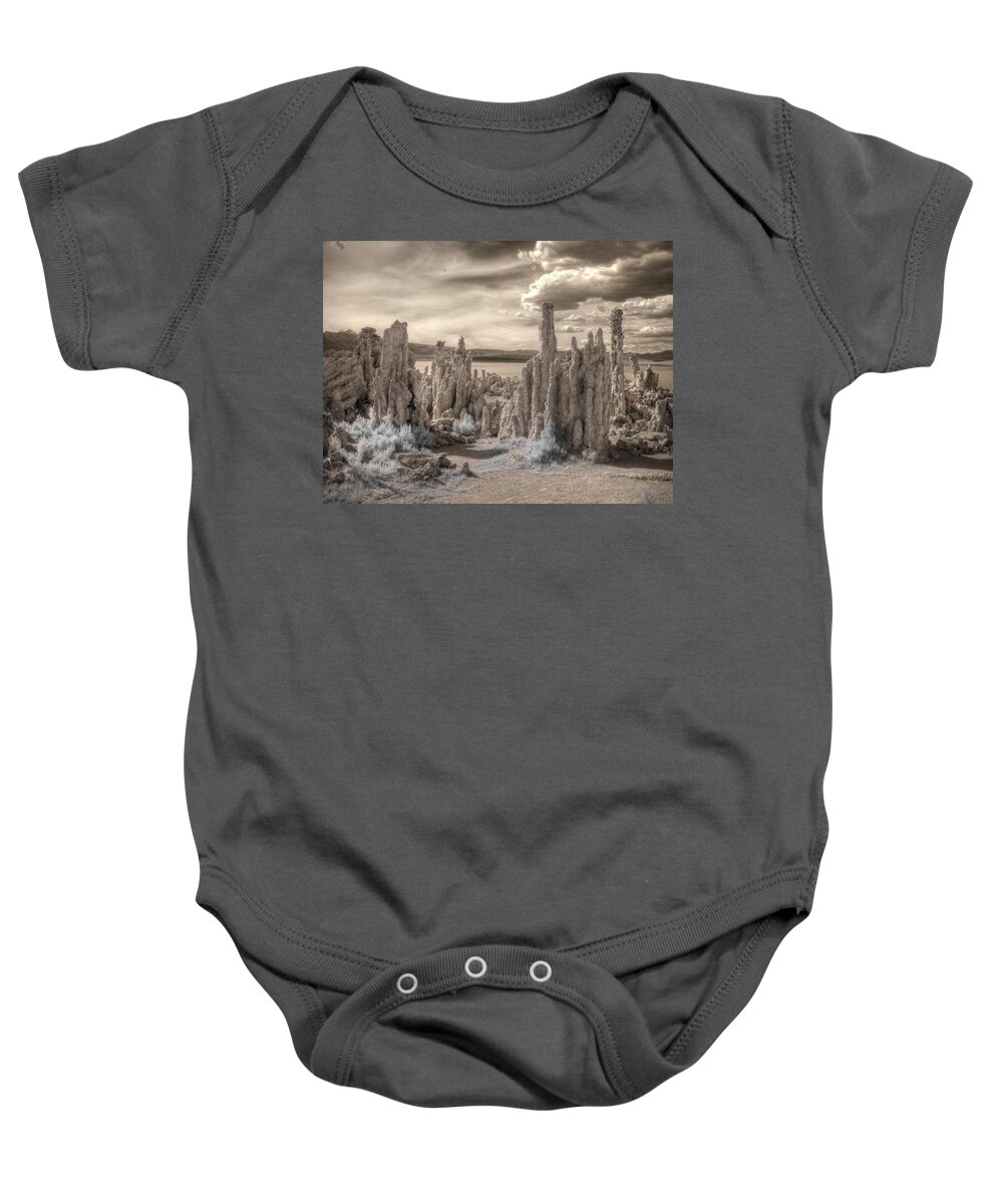 Tufa Baby Onesie featuring the photograph Tufa Mono Lake California infrared surreal sepia by Jane Linders