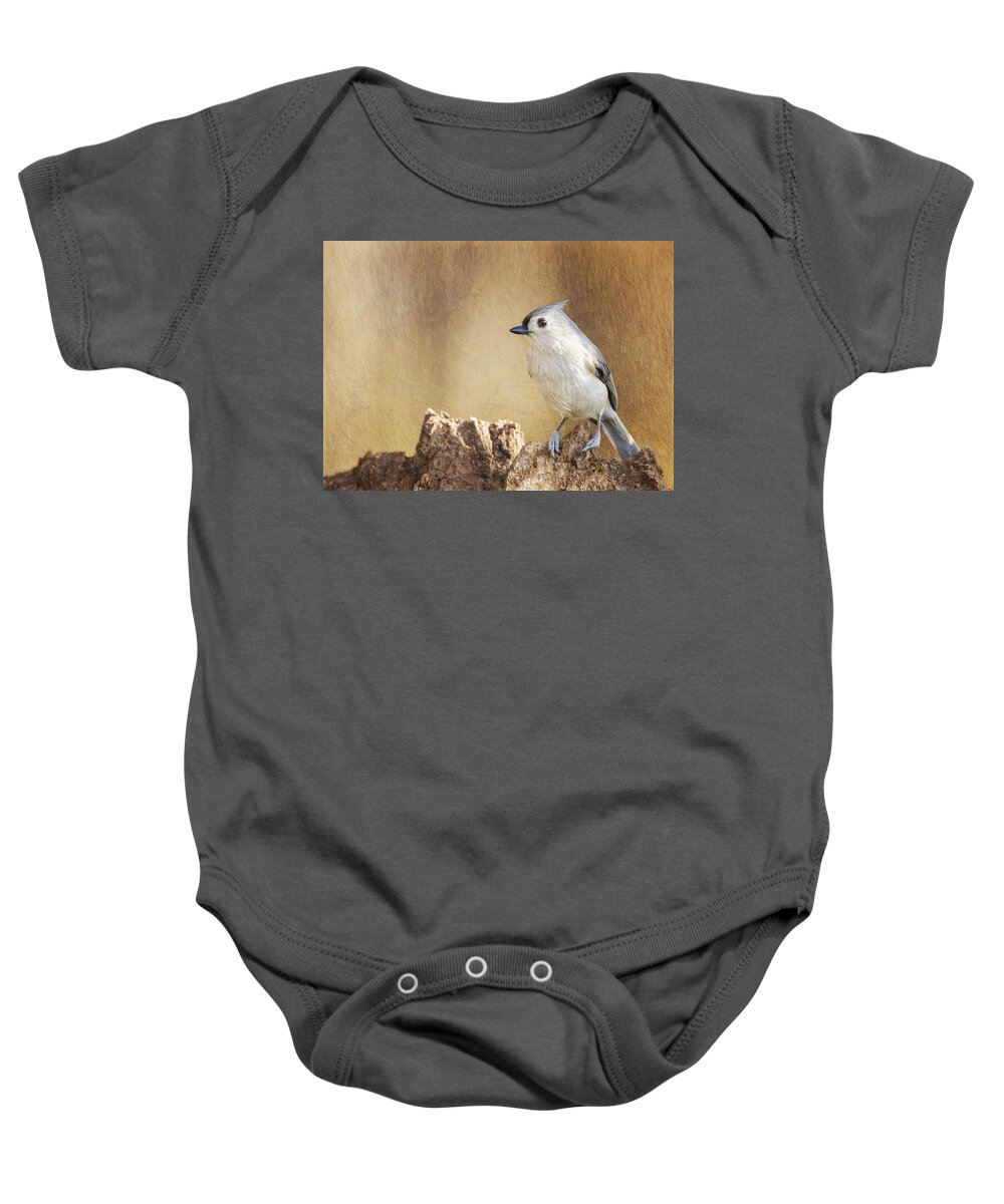 Baeolophus Baby Onesie featuring the photograph Tufted On Tree Bark by Bill and Linda Tiepelman