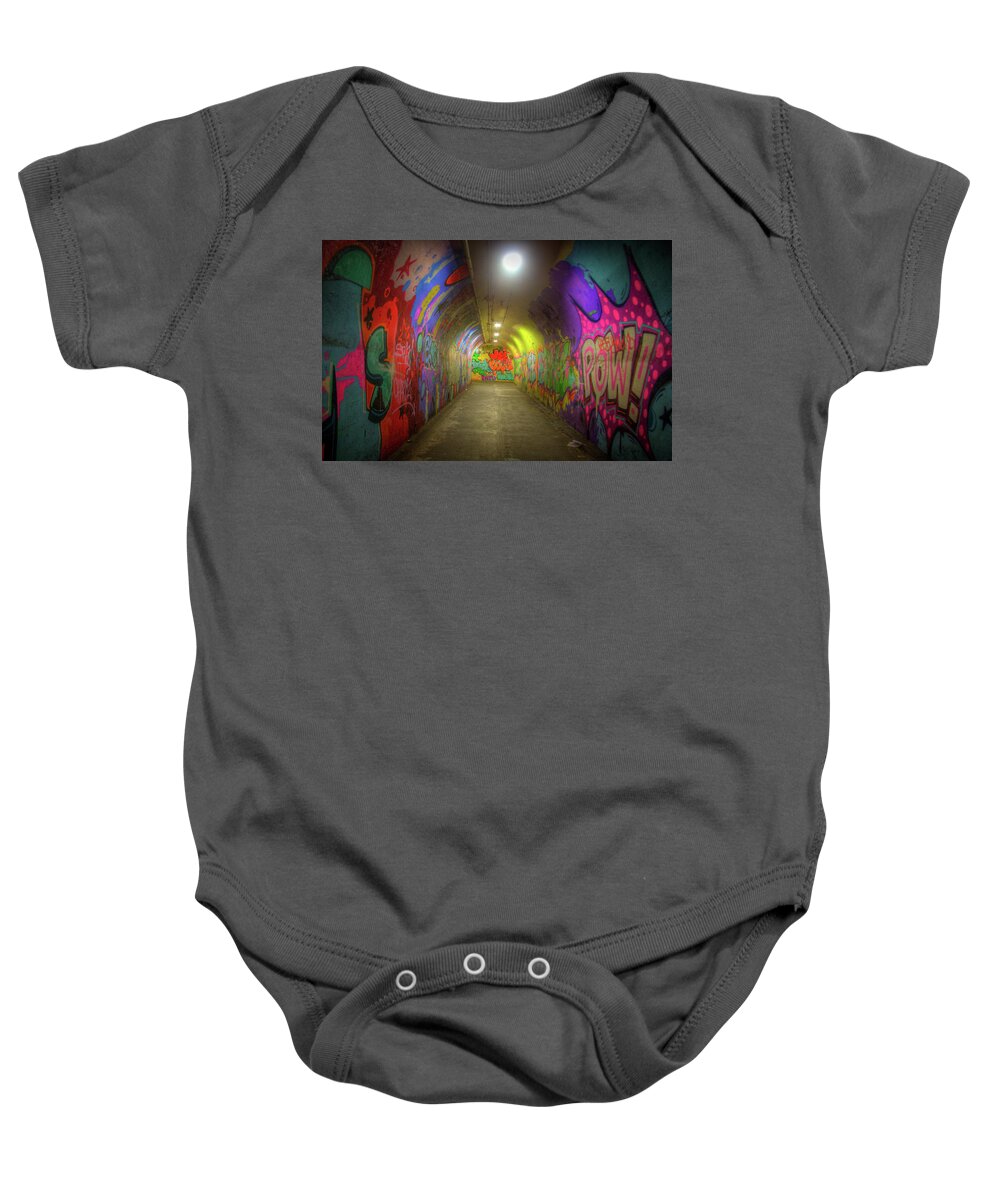 New York Baby Onesie featuring the photograph Tunnel Graffiti by Mark Andrew Thomas