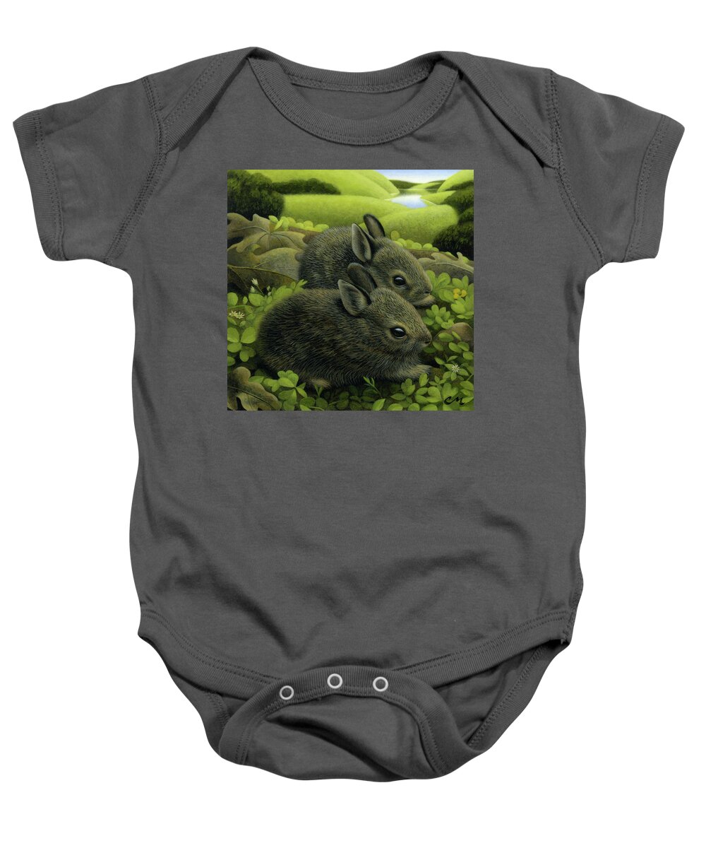 Rabbits Baby Onesie featuring the painting Twins by Chris Miles