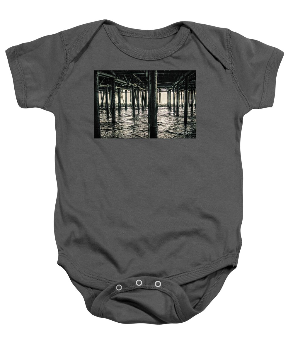 Under The Pier; Pylons; Waves; Ocean; Pacific Ocean; White; Silver; Water; Joe Lach; Beach; Sand; Light; Green Baby Onesie featuring the photograph Under the Pier 3 by Joe Lach