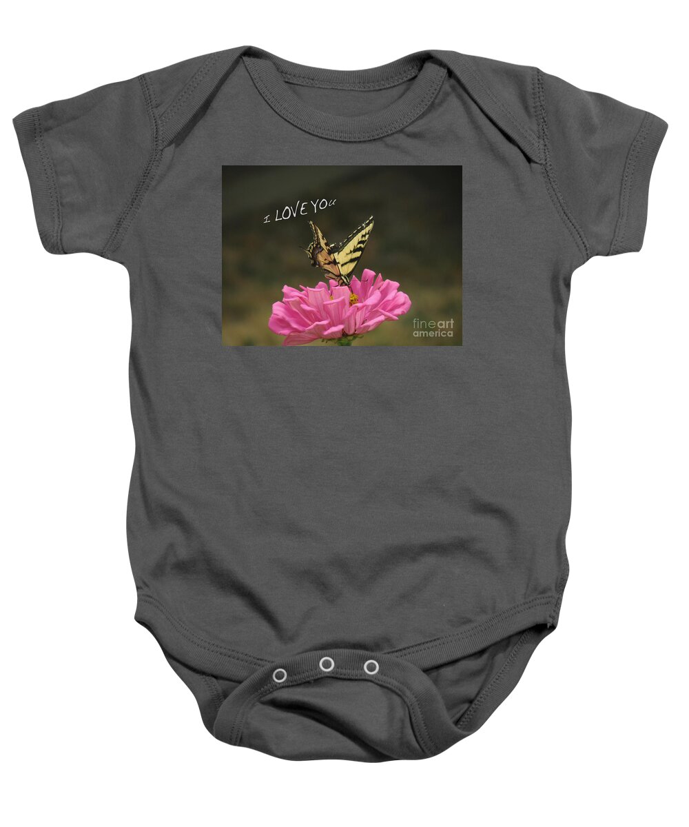 Valentine Baby Onesie featuring the pyrography Valentine Zinnia and the Swallowtail by Debby Pueschel