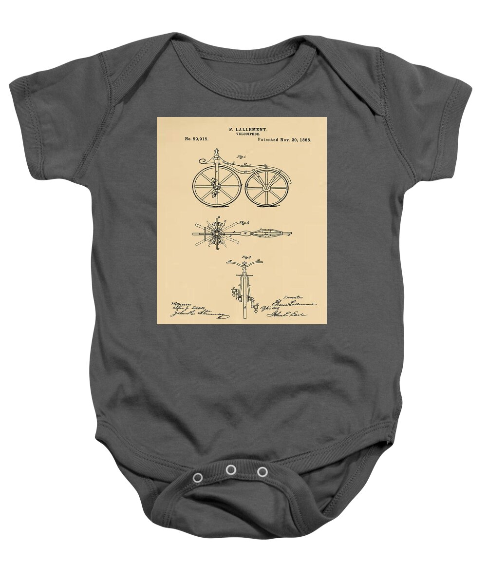Velocipede Baby Onesie featuring the digital art Velocipede Bicycle Patent 1866 Sepia by Bill Cannon