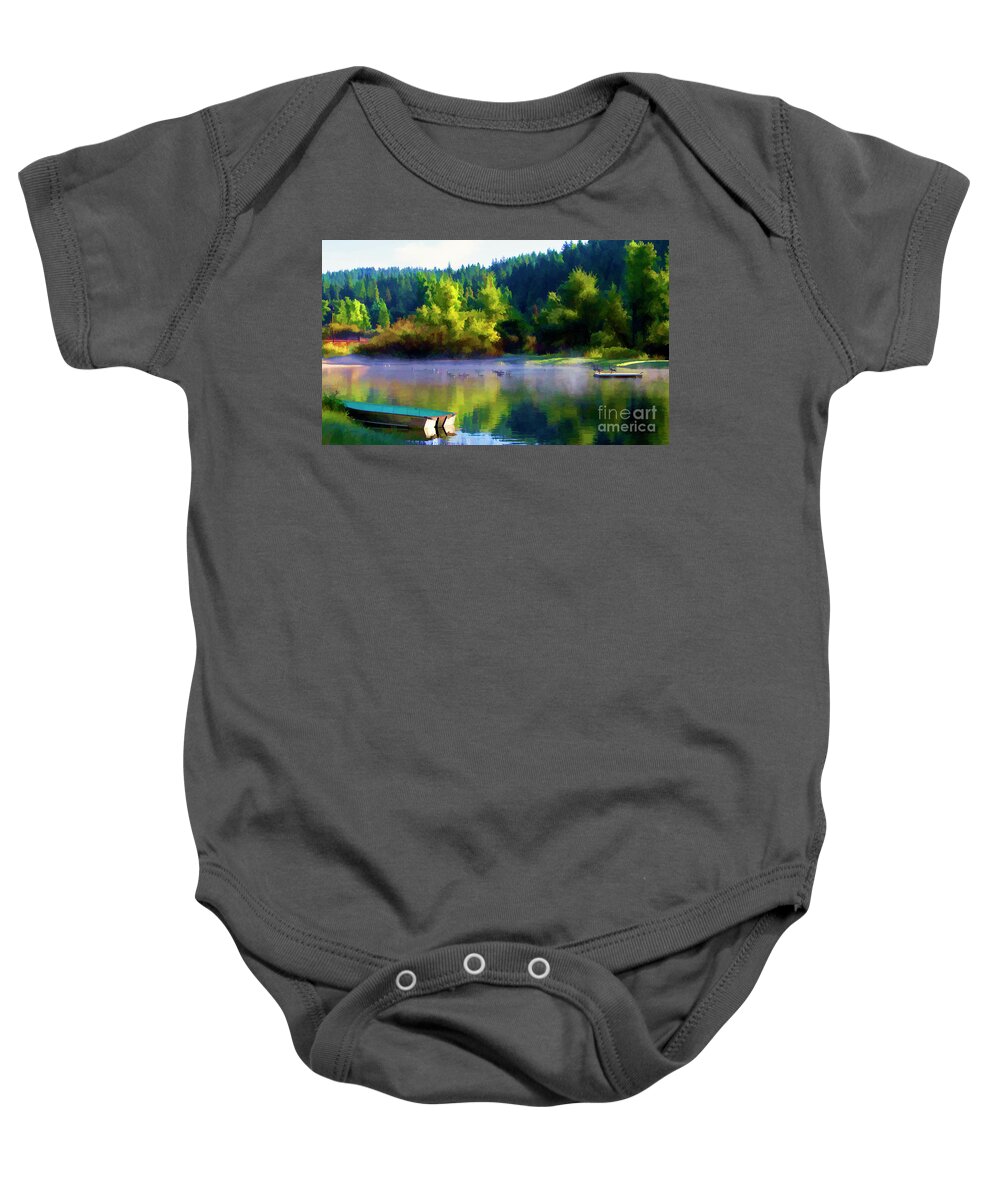 Landscape Baby Onesie featuring the photograph Vibrant Color Pond Boat Geese by Chuck Kuhn