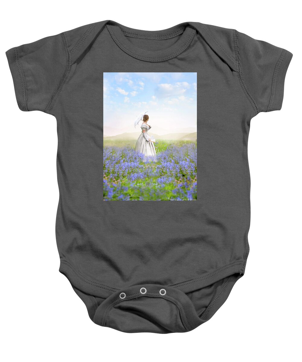 Victorian Baby Onesie featuring the photograph Victorian Woman Among The Bluebells by Lee Avison