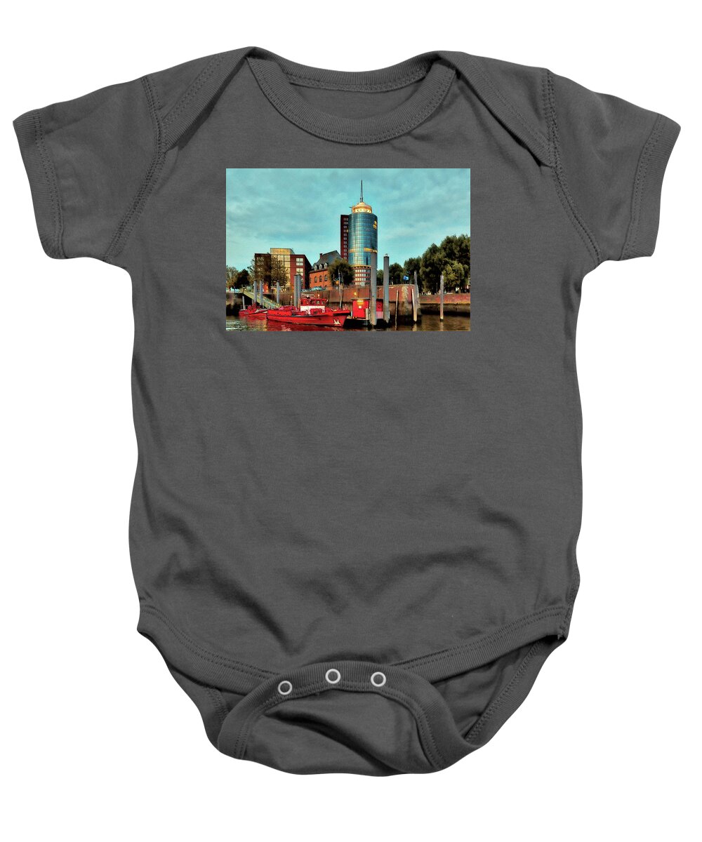 Aquamarine Baby Onesie featuring the photograph View from the water around the river Alster and Elbe, waterfront and warehouse district in Hamburg by Gina Koch