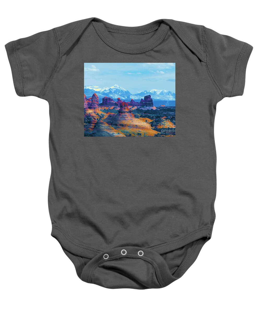 Viewing The La Sals From Arches Baby Onesie featuring the digital art Viewing the La Sals from Arches by Annie Gibbons