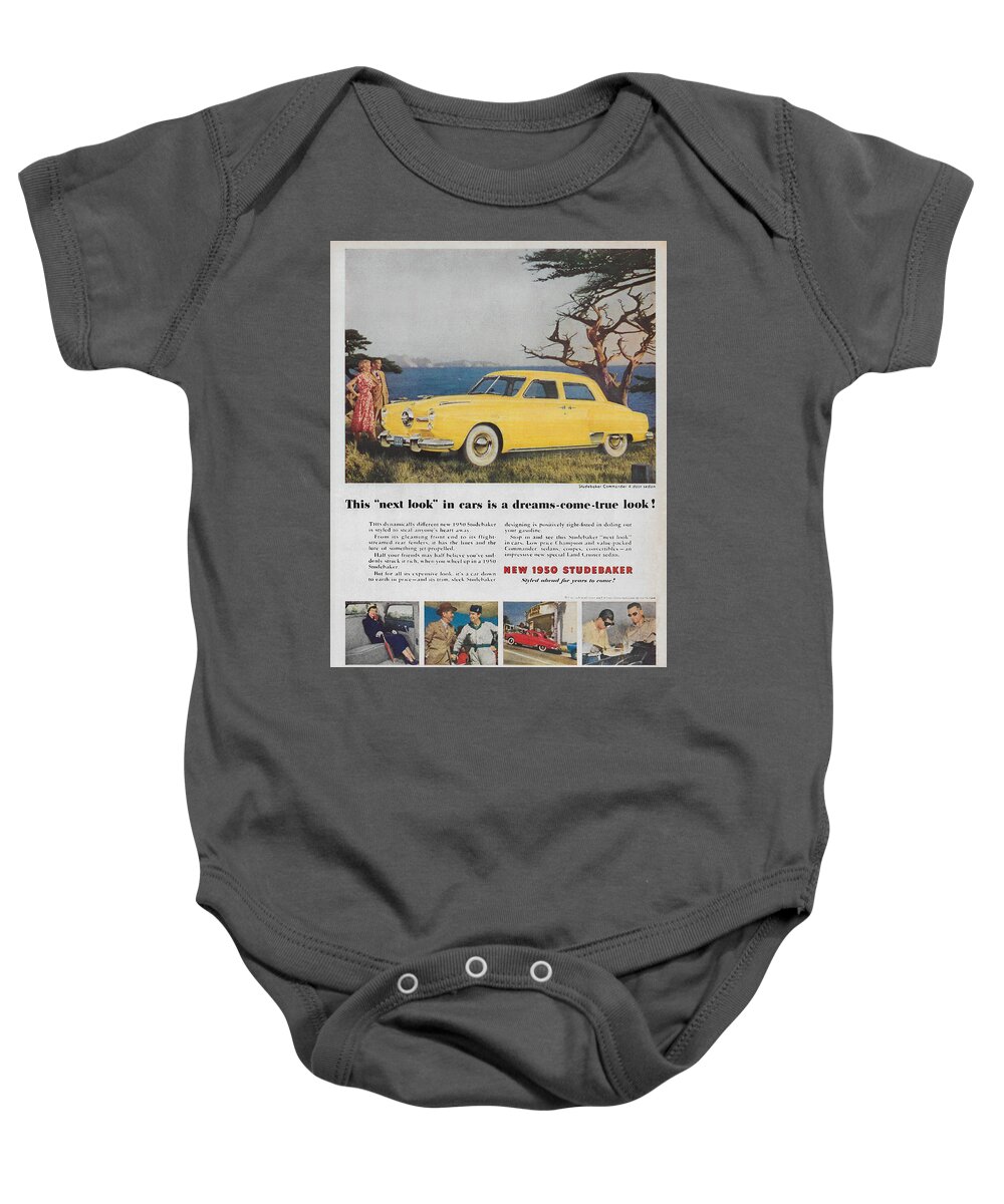 James Smullins Baby Onesie featuring the mixed media Vintage 1950 Studebaker ad by James Smullins