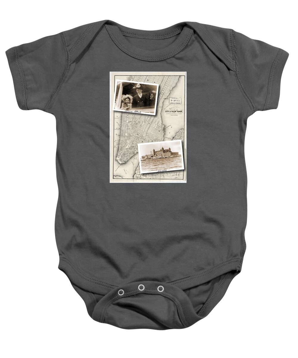 Map Baby Onesie featuring the photograph Vintage New York Map with Ellis Island by Karla Beatty