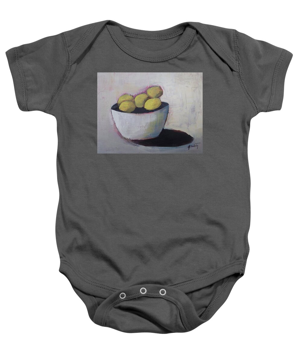 Abstract Baby Onesie featuring the painting Vitamins in Bowl by Vesna Antic