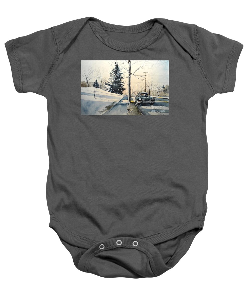 Volkswagen Baby Onesie featuring the painting Volkswagen Karmann Ghia on snowy road by Christopher Shellhammer