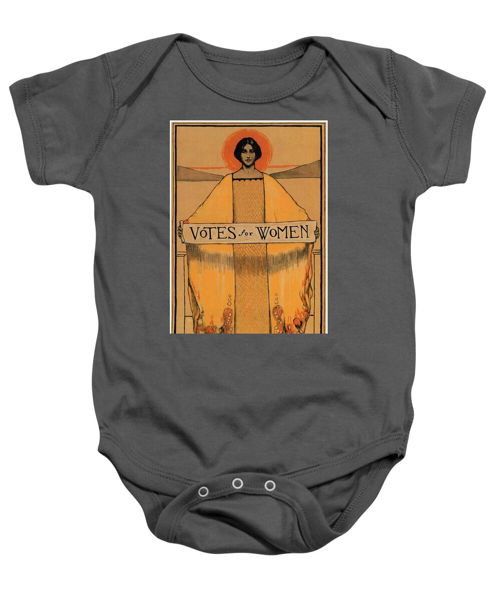 Votes For Women Baby Onesie featuring the mixed media Votes for Women - Vintage Propaganda Poster by Studio Grafiikka