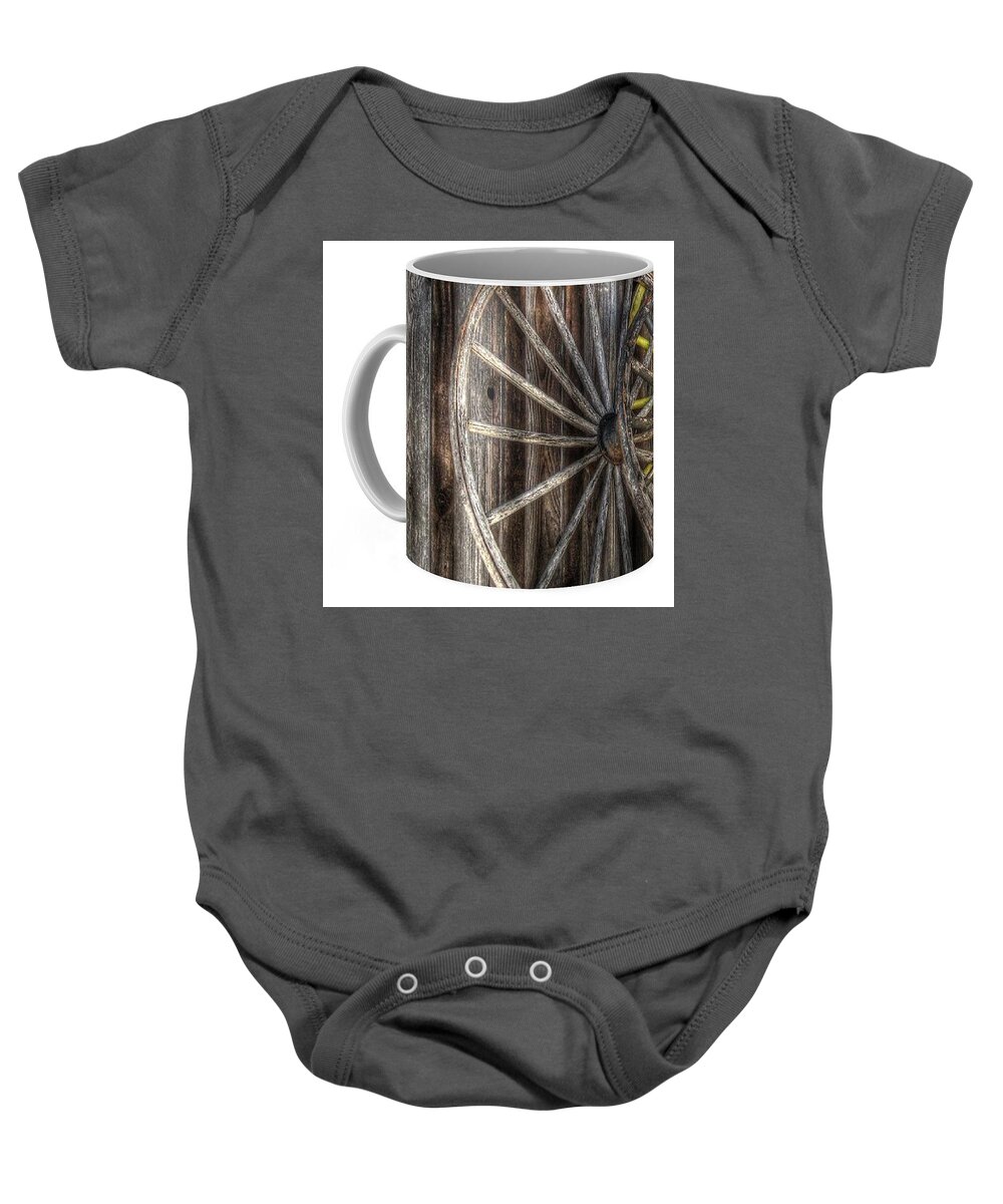 Coffee Baby Onesie featuring the photograph Wagon wheel wooden coffee mug by Jane Linders