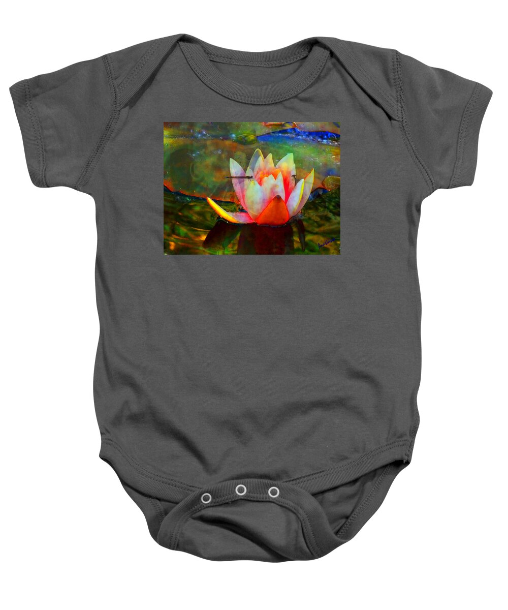 Lily Baby Onesie featuring the photograph Water Lily with Young Dragonflies I by Anastasia Savage Ealy