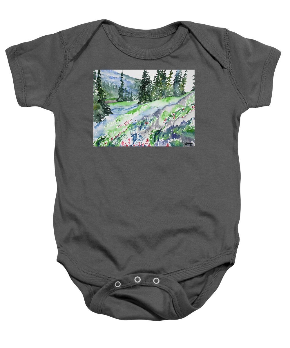 Indian Paintbrush Baby Onesie featuring the painting Watercolor - Mountain Pines and Indian Paintbrush by Cascade Colors