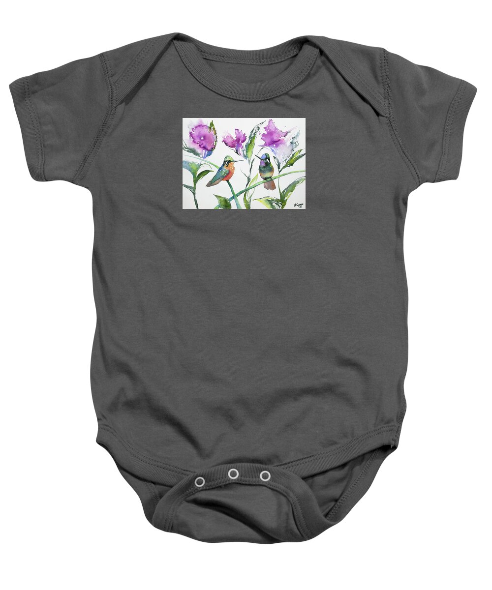 Purple-throated Mountain Gem Baby Onesie featuring the painting Watercolor - Purple-throated Mountain Gems and Flowers by Cascade Colors