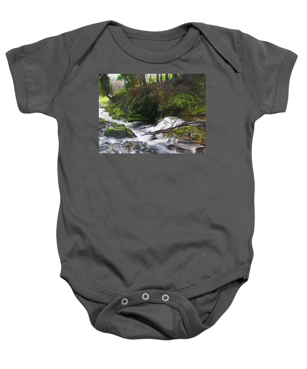 Landscape Baby Onesie featuring the painting Waterfall near Tallybont-on-Usk Wales by Harry Robertson