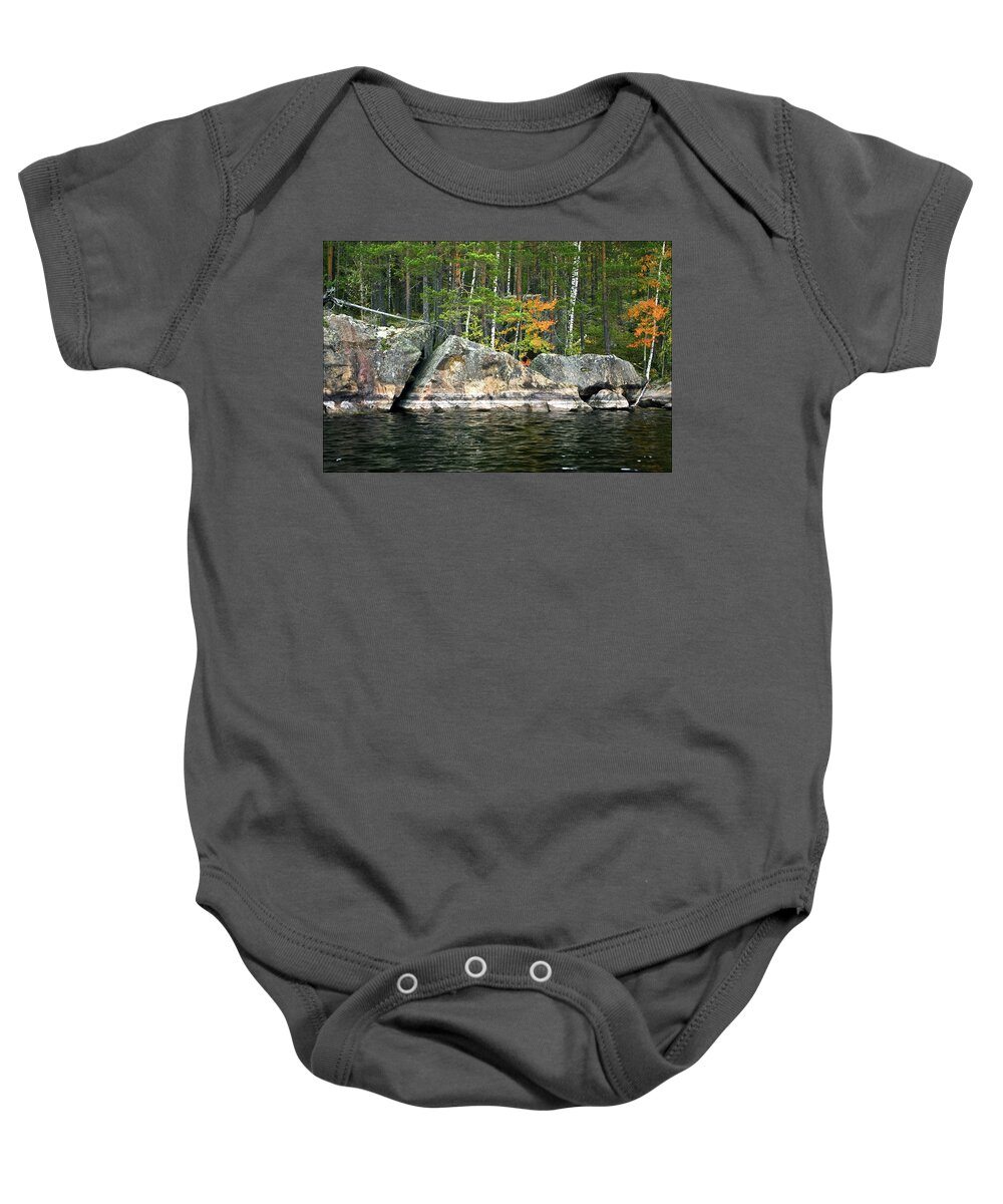 Saimaa Baby Onesie featuring the photograph Waterfront boulders by Jarmo Honkanen