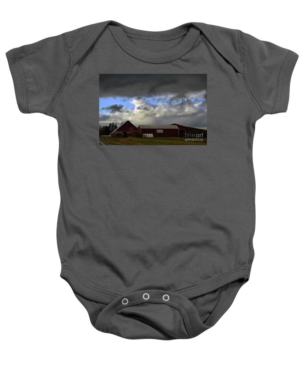 Clay Baby Onesie featuring the photograph Weather Threatening The Farm by Clayton Bruster
