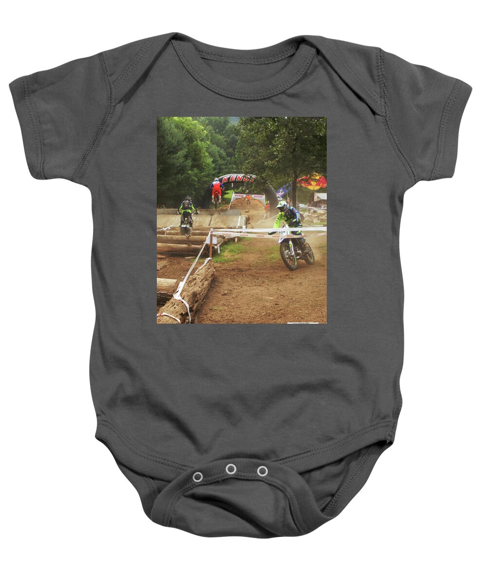 Cody Webb Baby Onesie featuring the photograph Webb Jarvis and Roman ending lap one. by Jeff Kurtz