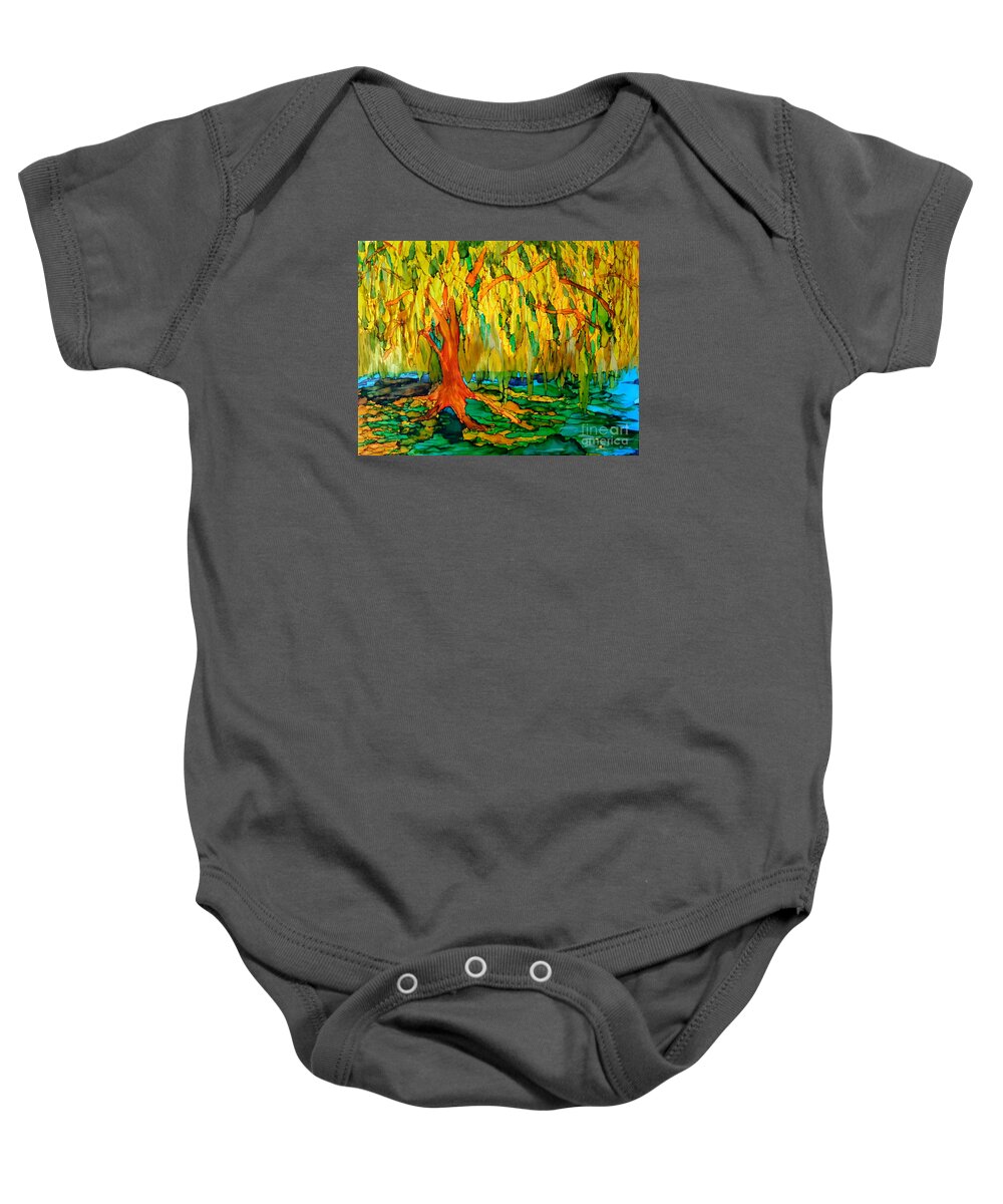 Weeping Willow Baby Onesie featuring the painting Weeping Willow by Vicki Housel