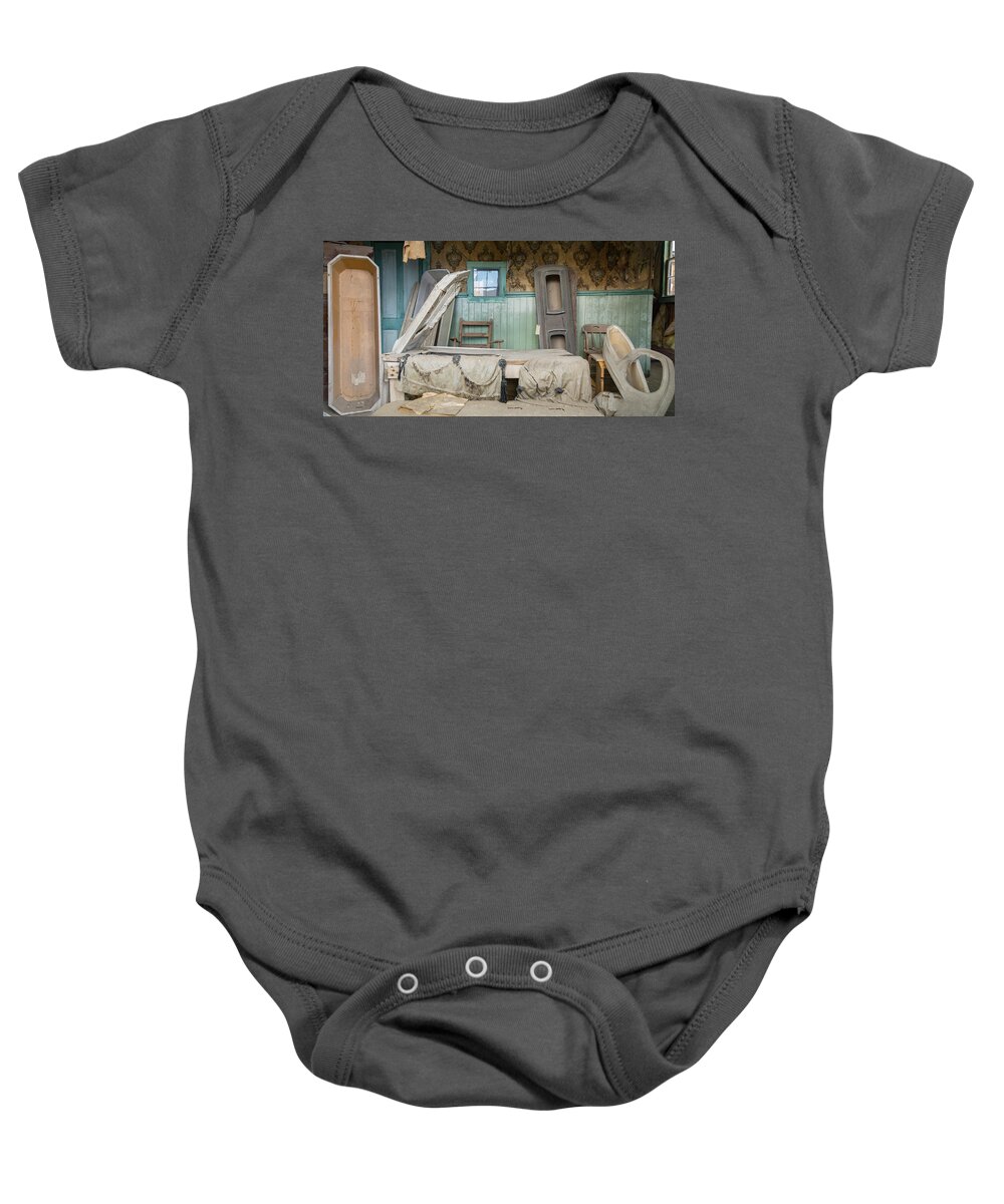 Abandoned Baby Onesie featuring the photograph Western frontier town morgue by Karen Foley