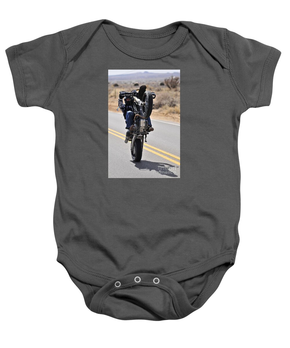 Motorcycle Baby Onesie featuring the photograph Wheelie in the Desert by Robert WK Clark