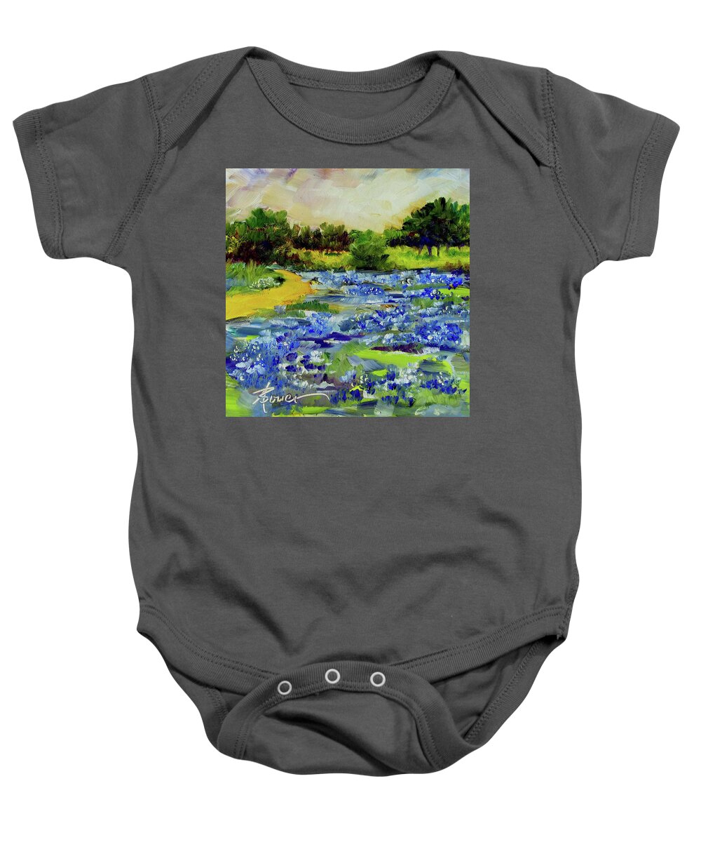 Bluebonnets Baby Onesie featuring the painting Where The Beautiful Bluebonnets Grow by Adele Bower