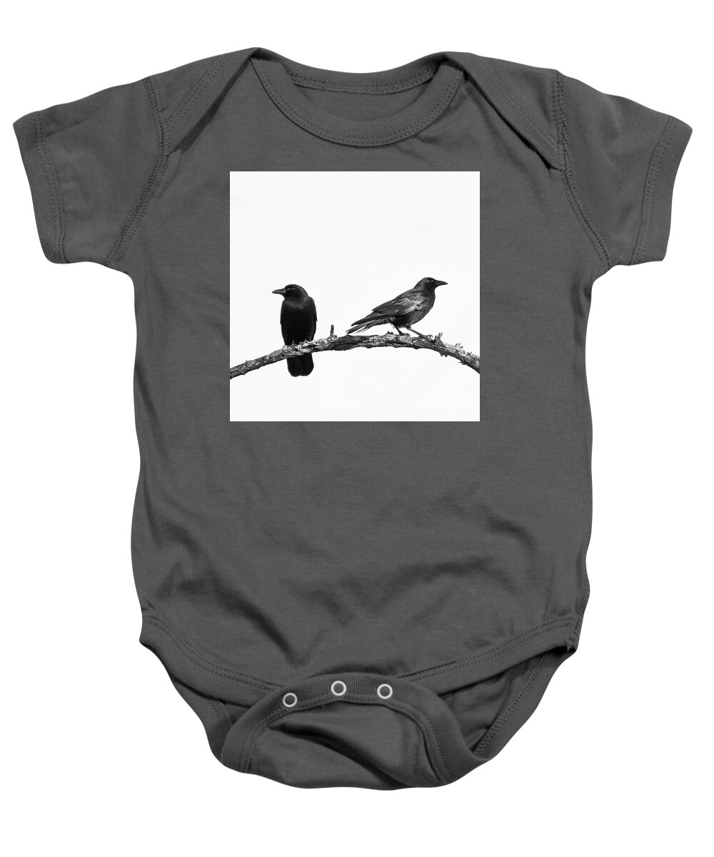 Which Way Two Black Crows On White Square Baby Onesie featuring the photograph Which Way Two Black Crows on White Square by Terry DeLuco