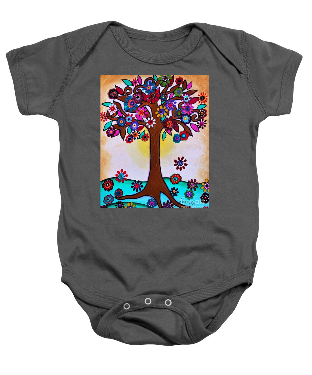Tree Baby Onesie featuring the painting Whimsical Blooming Tree by Pristine Cartera Turkus