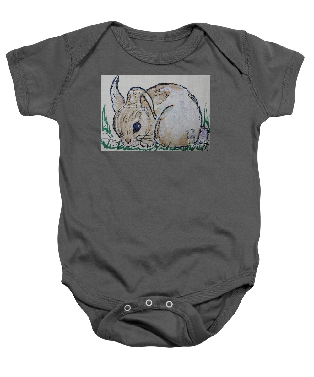 Rabbit Baby Onesie featuring the painting White Cotton-Tail Rabbit #1003 by Ella Kaye Dickey