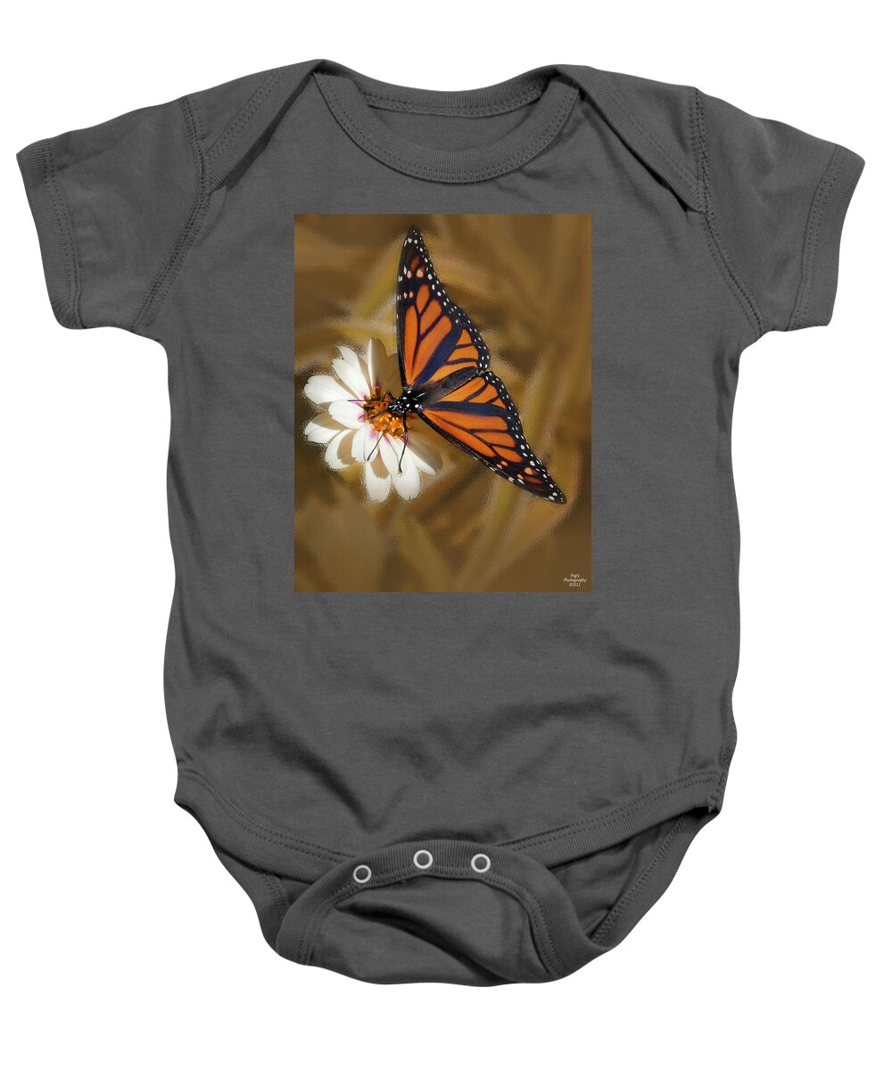 White Flower Baby Onesie featuring the photograph White Flower with Monarch Butterfly by Peg Runyan