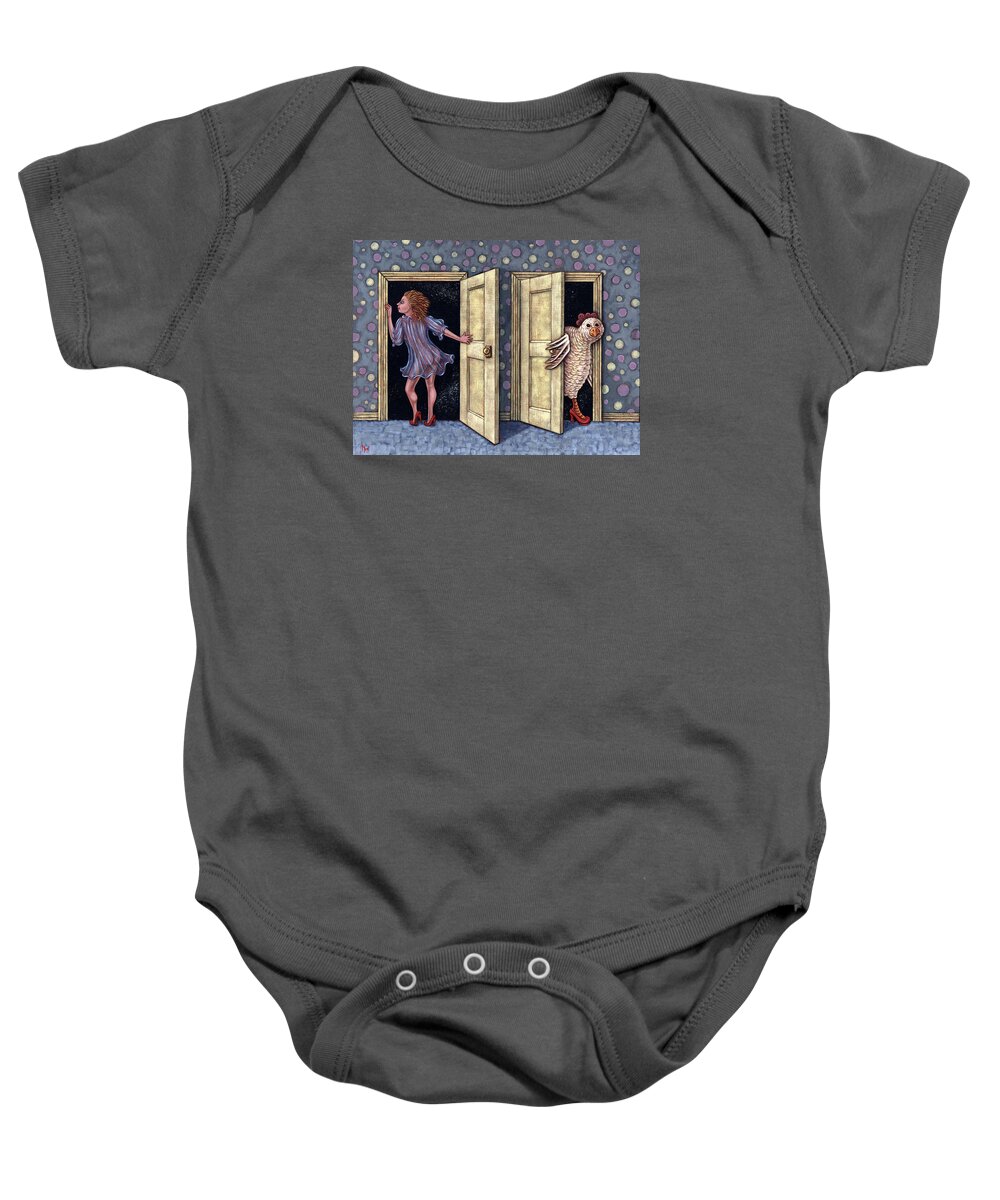 Humor Baby Onesie featuring the painting Who's There by Holly Wood