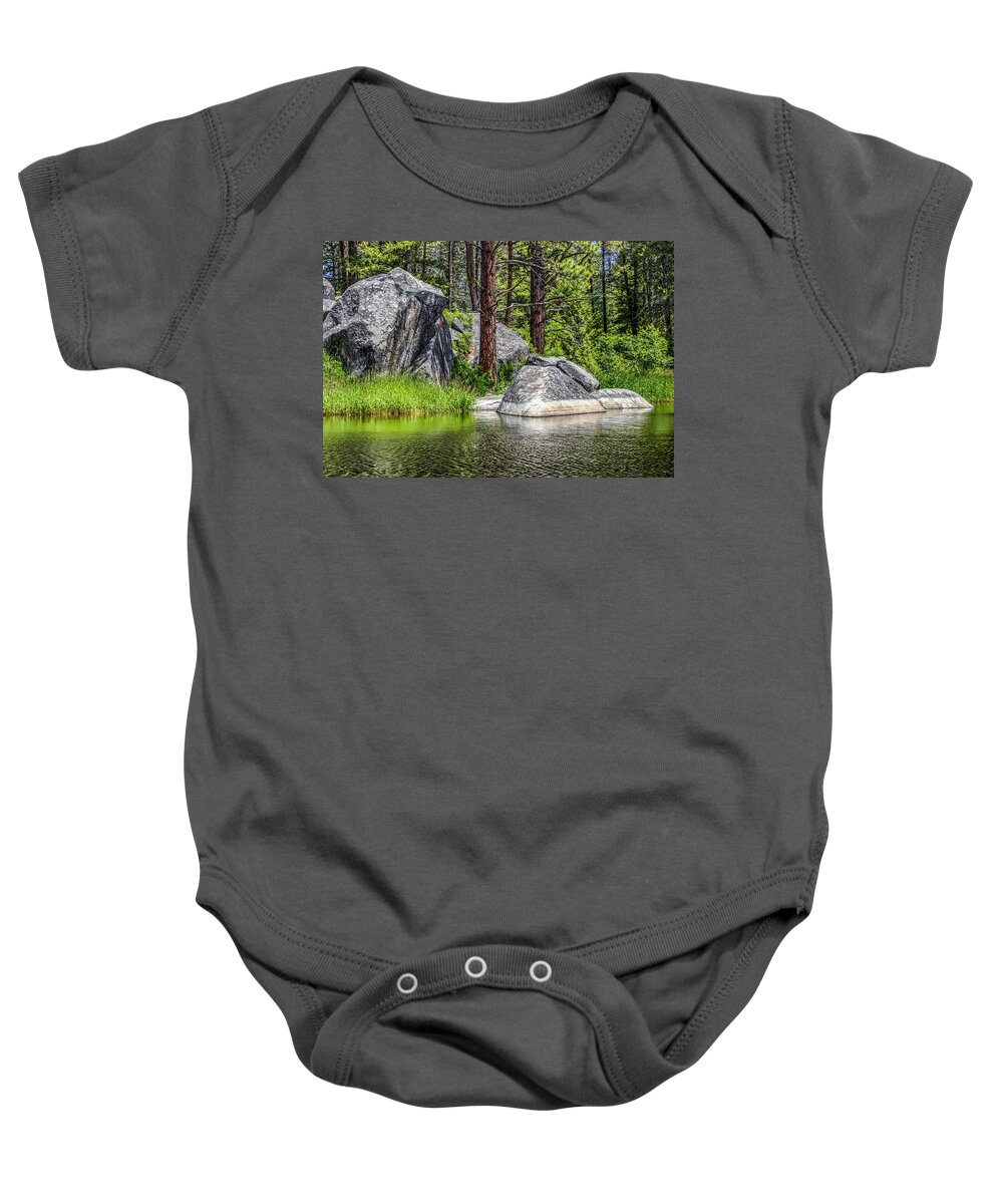 Winchester Idaho Lake Boulder Rocks Green Pine Trees Clear Water Hdr Ripples Drawing Baby Onesie featuring the photograph Winchester Lake Rocks by Brad Stinson