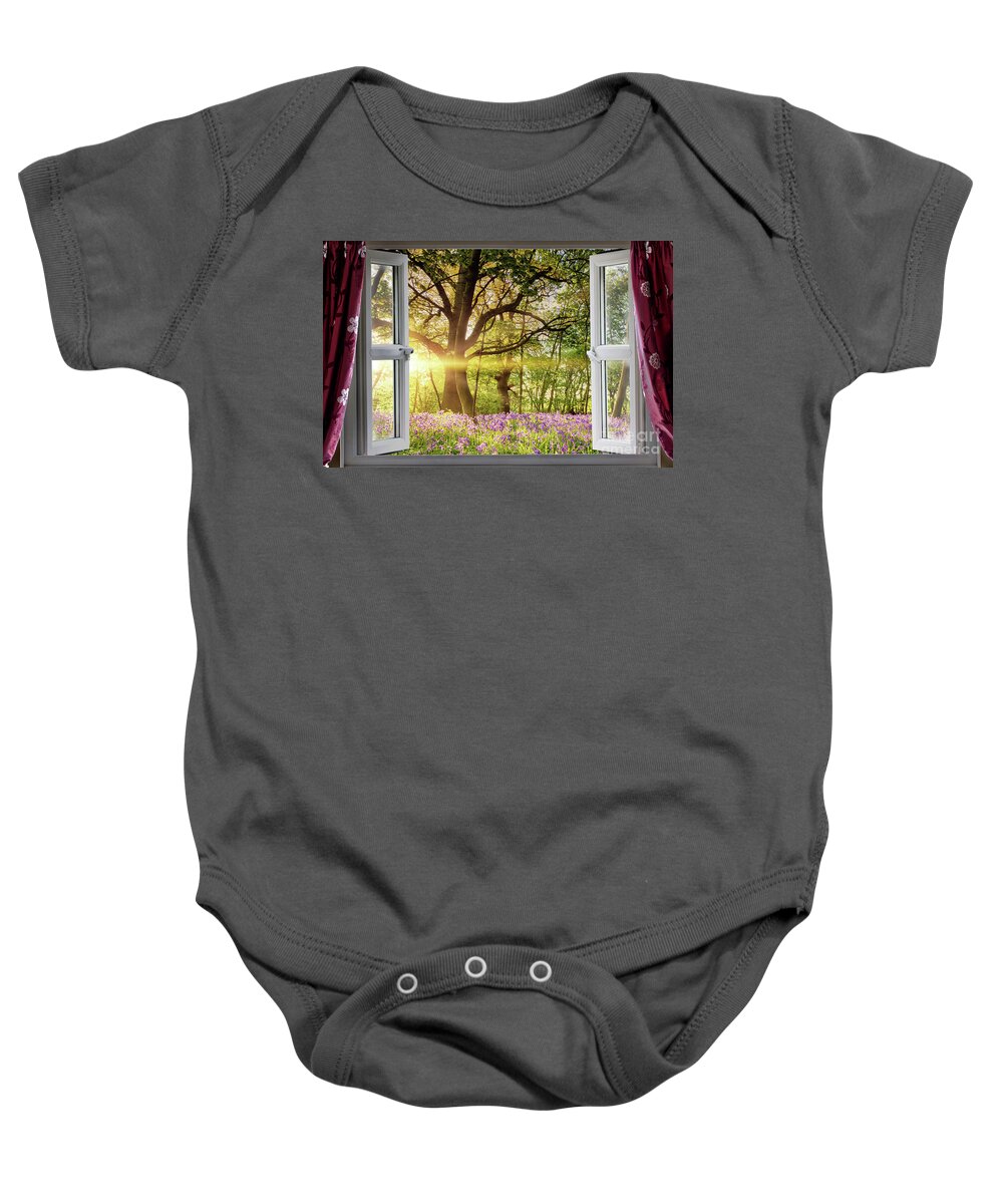 Window Baby Onesie featuring the photograph Window open onto bluebell forest sunrise by Simon Bratt