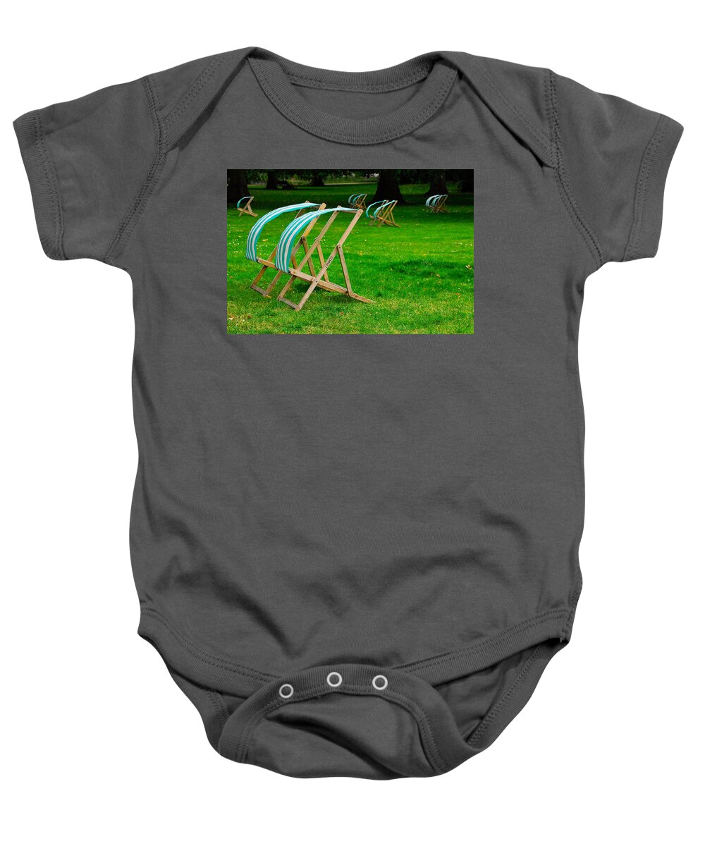 Lawn Chairs Baby Onesie featuring the photograph Windy Chairs by Harry Spitz