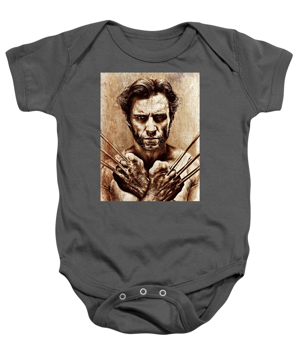 Wolverine Baby Onesie featuring the drawing Hugh Jackman as Wolverine sepia mix by Andrew Read