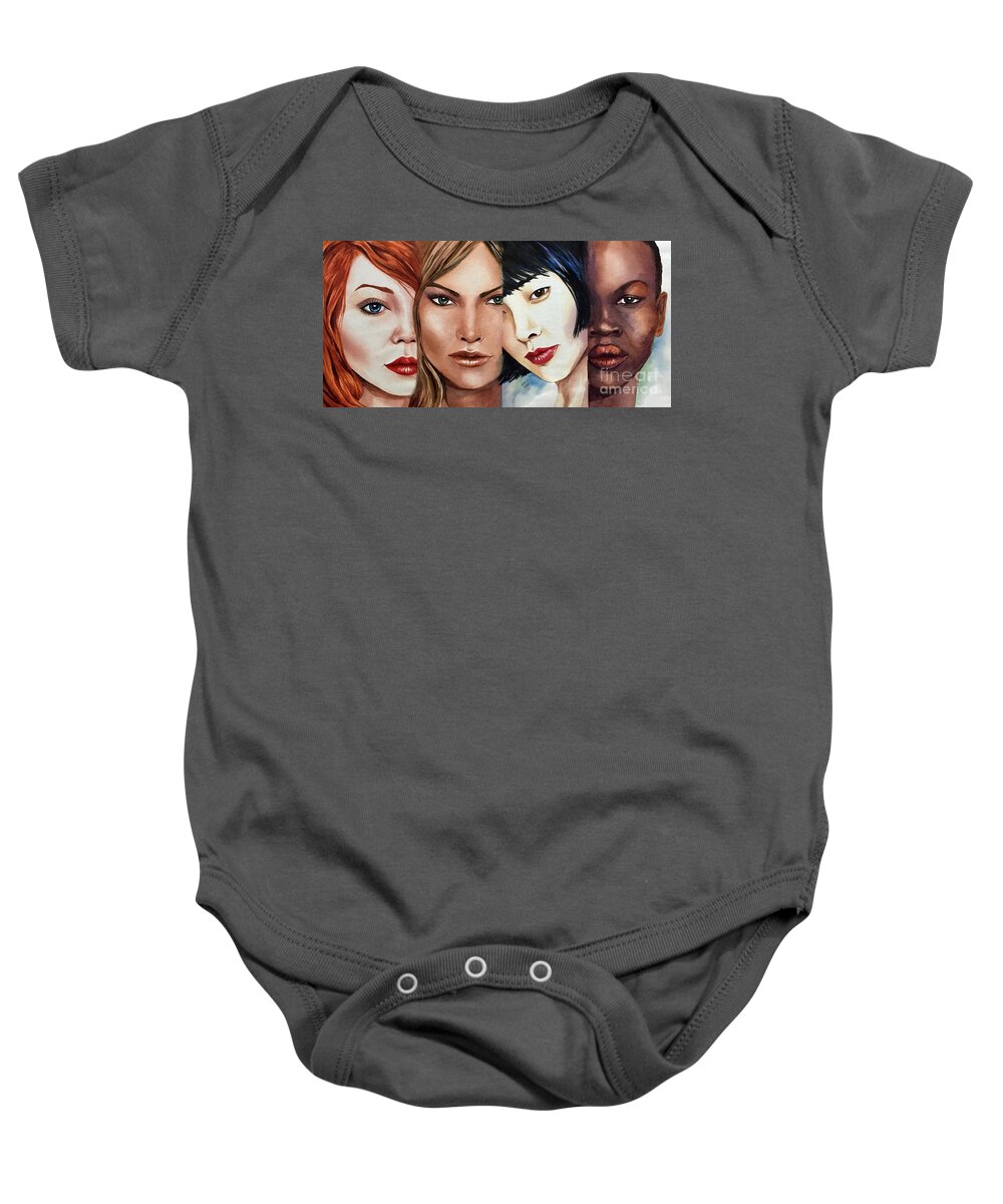 Stronger Together Baby Onesie featuring the painting Women of the World by Michal Madison