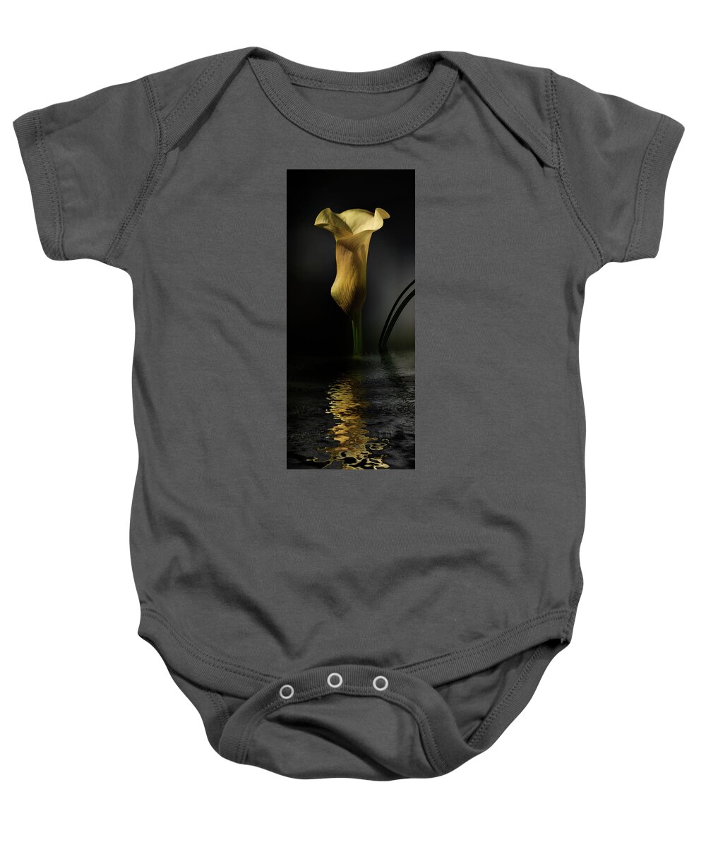 Calla Lily Baby Onesie featuring the digital art Yellow and Gray by JGracey Stinson