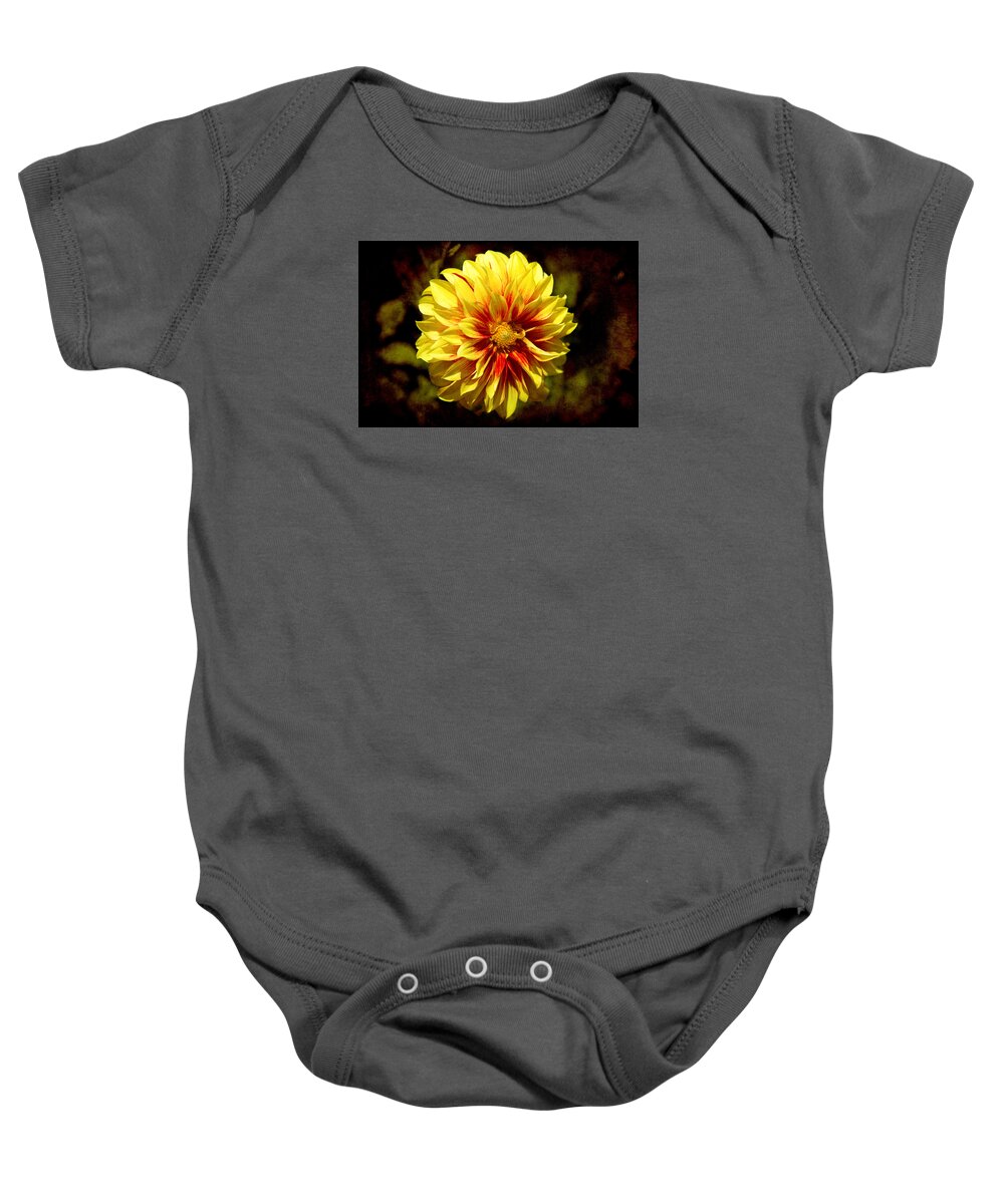 Yellow Dahila Baby Onesie featuring the photograph Yellow Artistry by Milena Ilieva