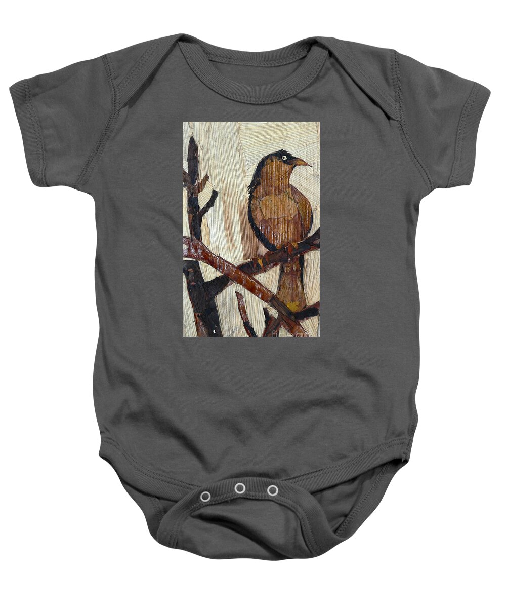 Yellow Bird Baby Onesie featuring the mixed media Yellow Brown Bird by Basant Soni