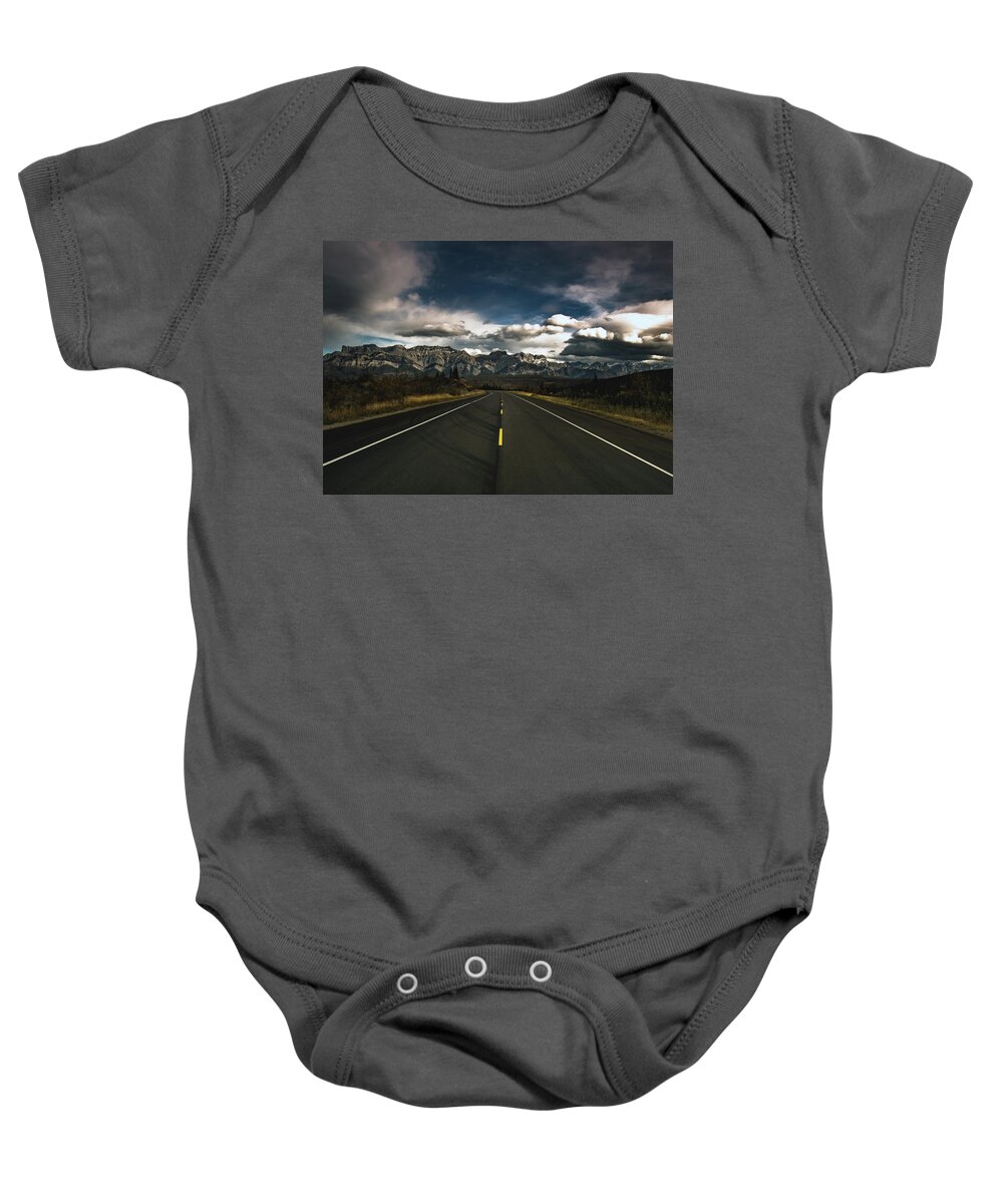 Yellowhead Baby Onesie featuring the photograph Yellowhead Highway by Cale Best