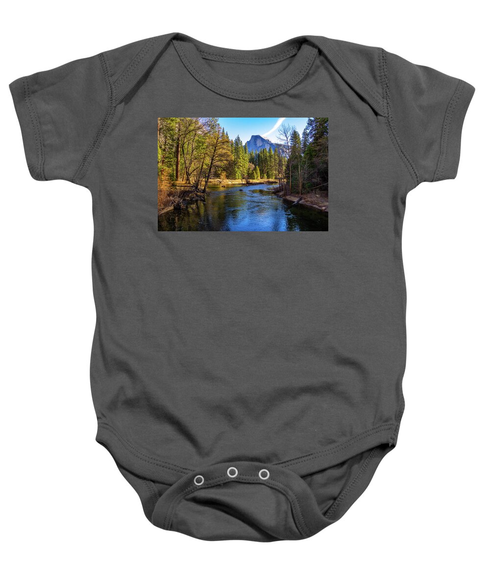 California Baby Onesie featuring the photograph Yosemite Merced River with Half Dome by Roslyn Wilkins